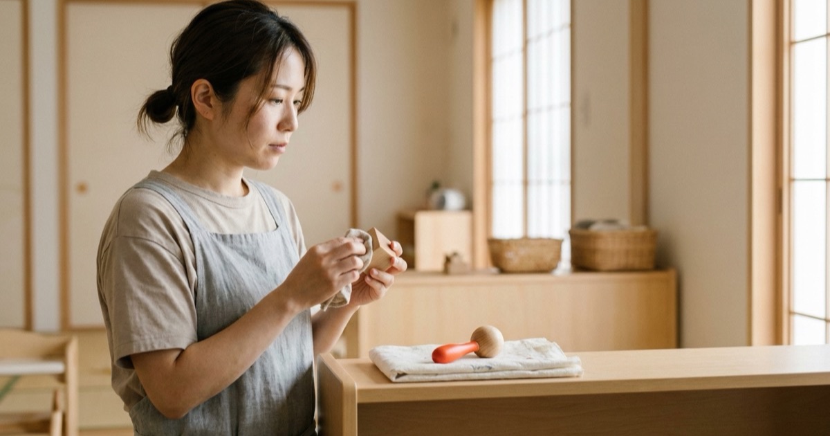 やわらかな粘土質感の木製おもちゃとたたんだ和紙の毛布を並べた静物イメージ