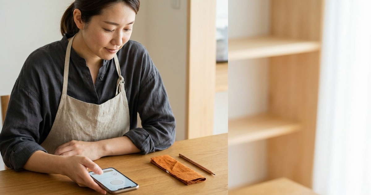 プロフィールリンクを表示したスマートフォンとしおりを並べたイメージ