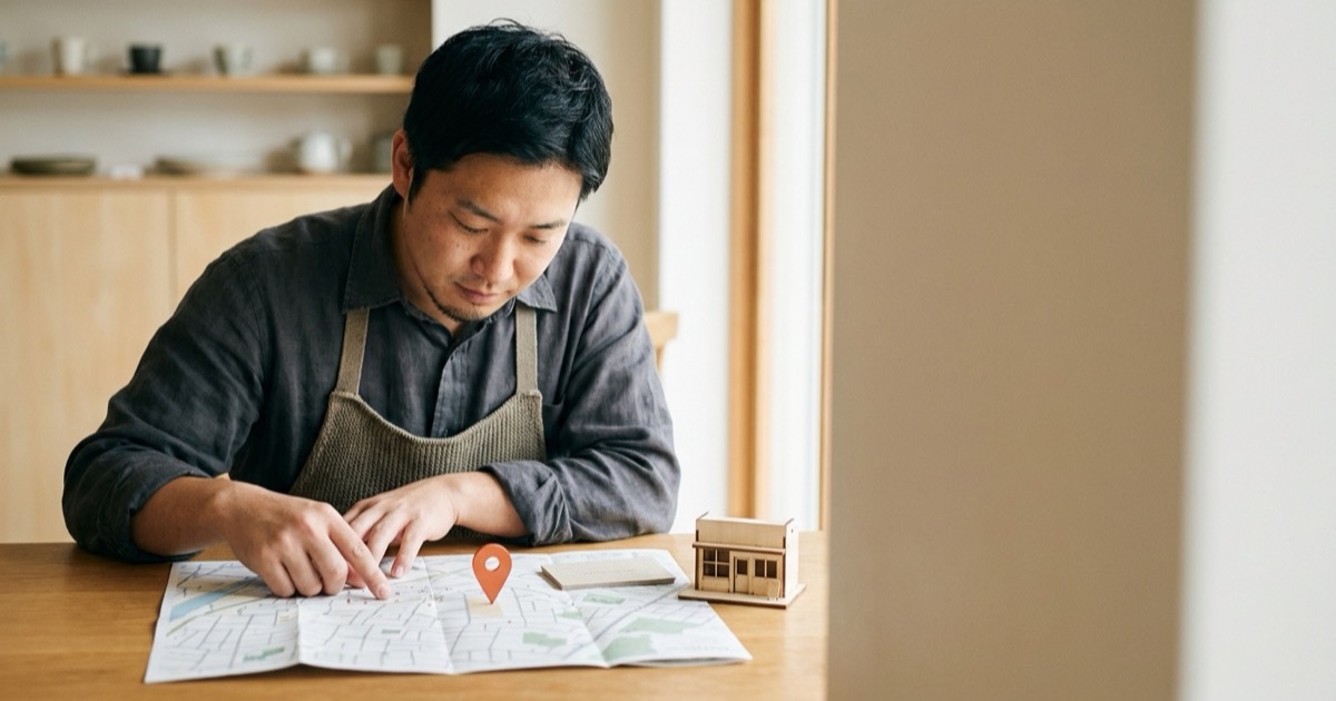 和紙とクレイで表現した、地図上に立つ位置ピンと小さな店舗の情景
