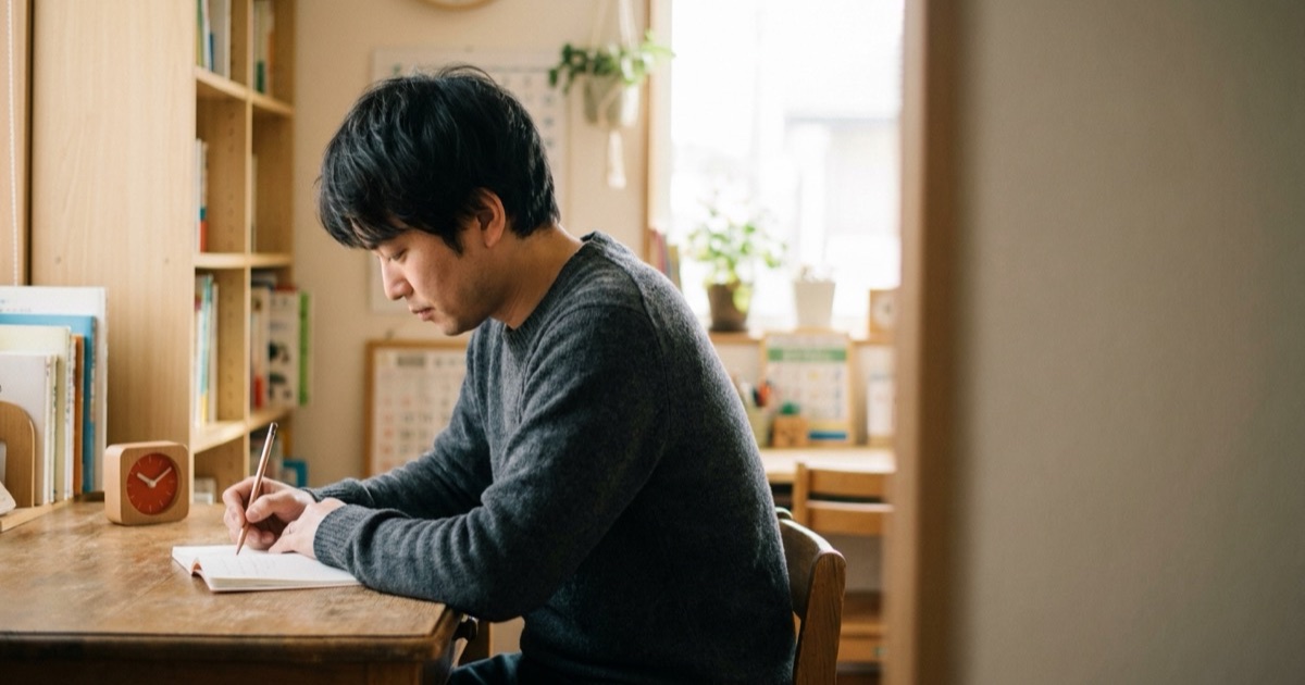 やわらかな粘土質感の和紙ノートと丸みのある鉛筆、木製の卓上時計を並べた静物イメージ