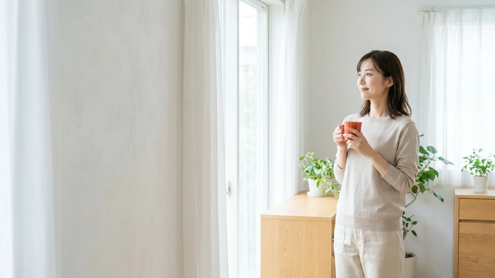 明るい部屋の窓辺で一息つく若い日本人カウンセラー