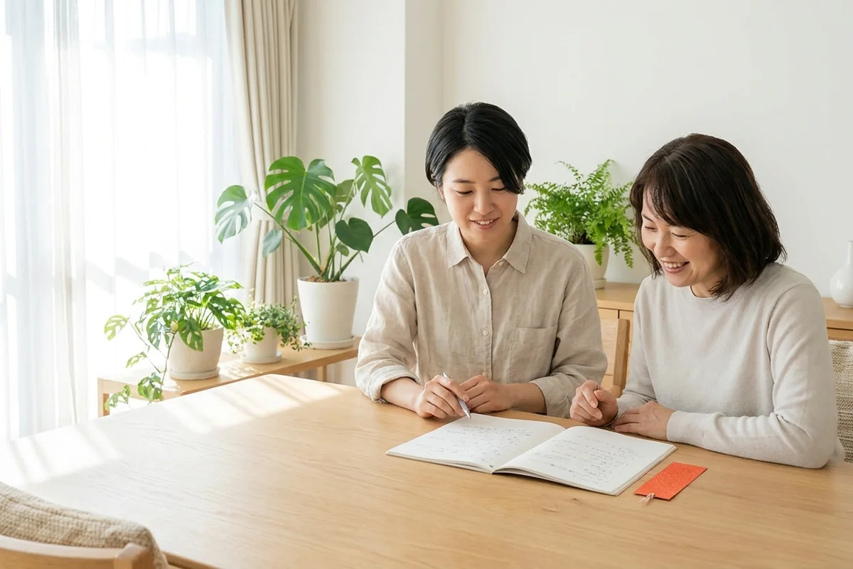 先生と受講者が並んでノートを見るレッスンの様子