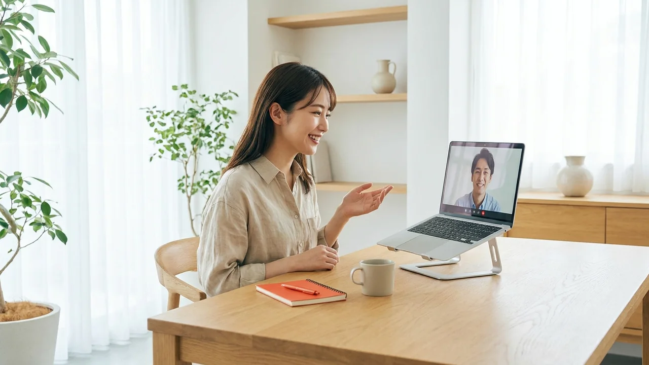 明るい部屋でオンライン面談をする若い日本人カウンセラー