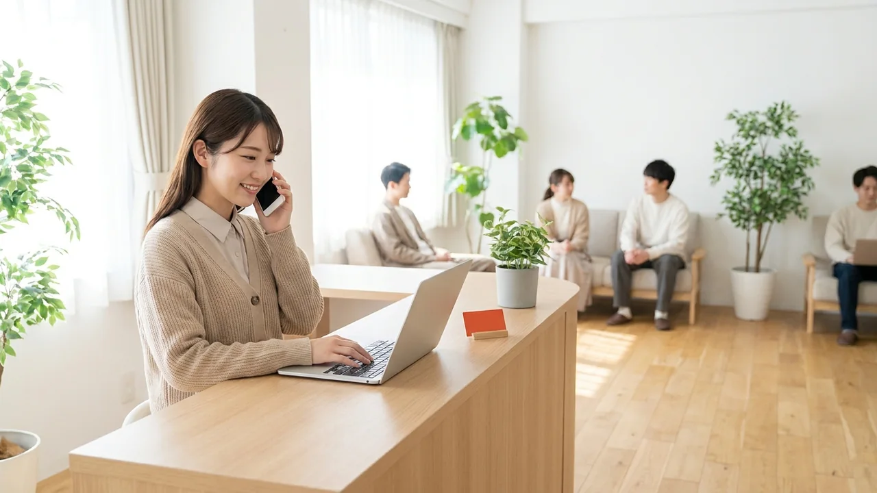 明るい受付で電話予約を代わりに入力する若いスタッフ