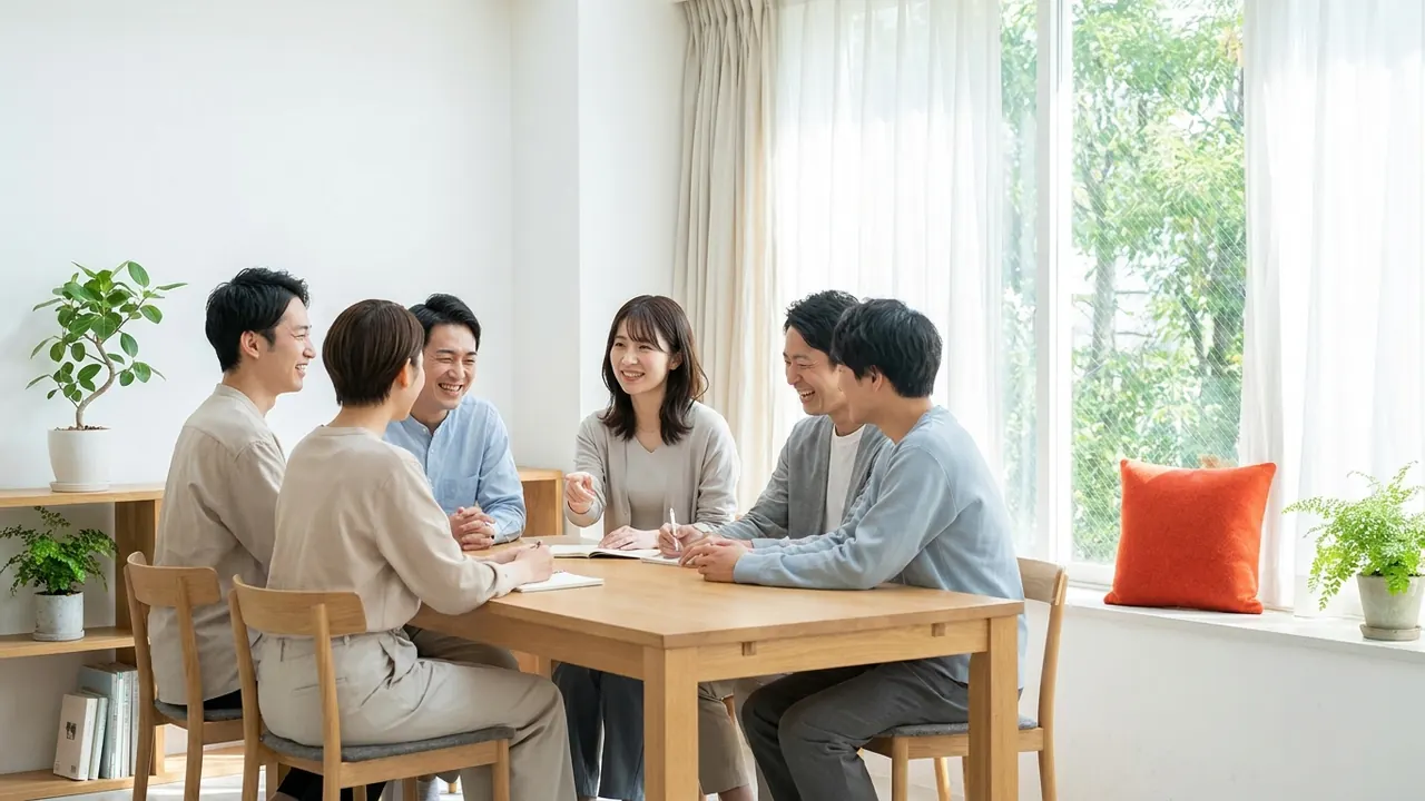 明るい部屋で少人数セミナーを楽しむ若い参加者たち