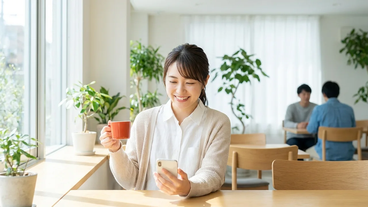 スマホで空き通知を受け取り笑顔になる若い利用者
